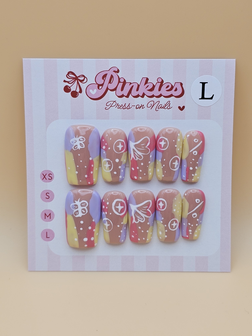 Press-on Nails Set 10pc Size L Square Multicolor Pink Purple Yellow White Stars